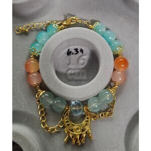 Orange Blue Wire Beaded Bracelet w Moon Dangle Charms #18